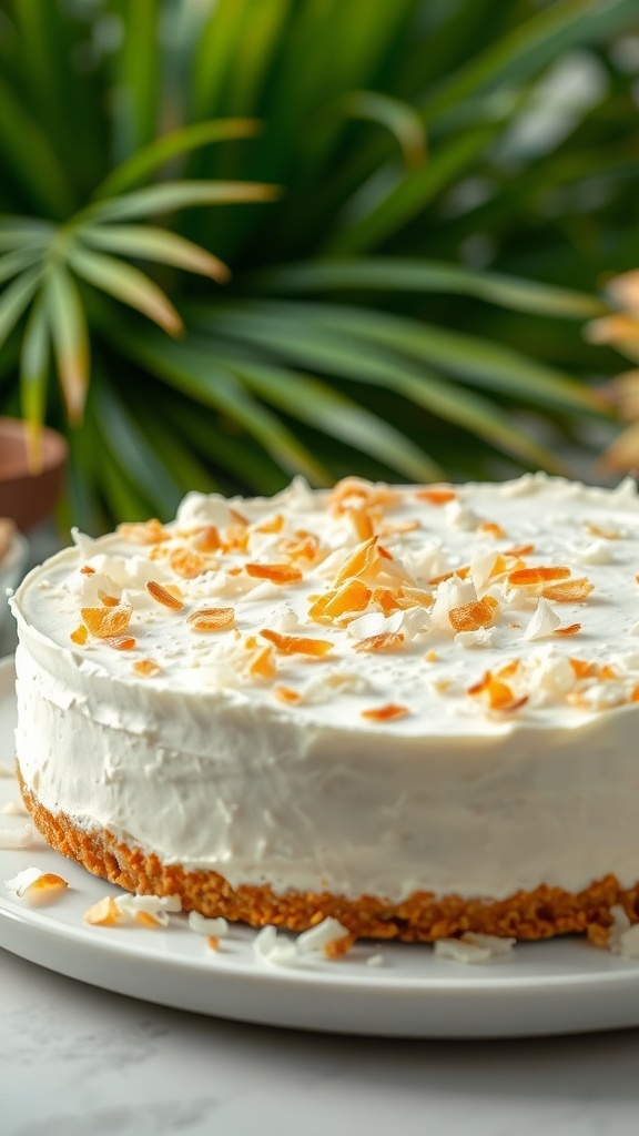 A delicious coconut cream pie topped with toasted coconut flakes, set against a backdrop of green foliage.
