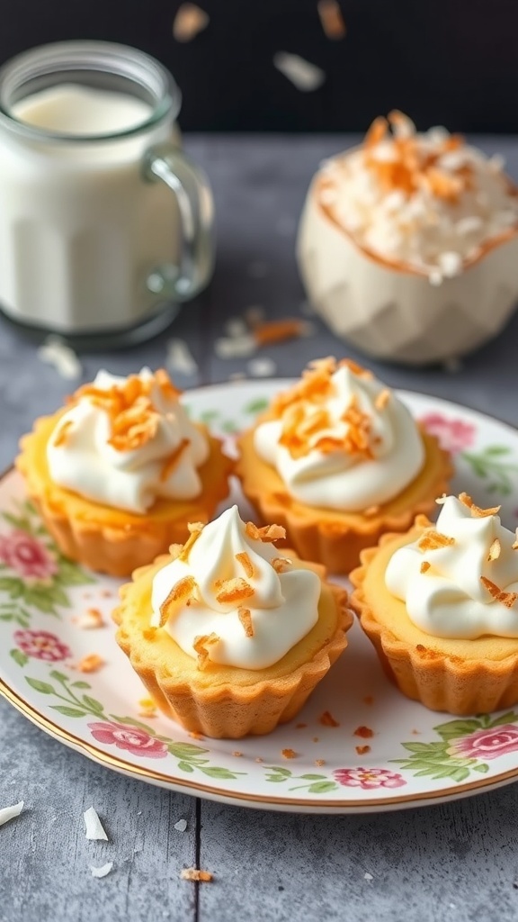 Coconut Cream Puff Pastry Tarts on a floral plate with whipped cream and toasted coconut flakes