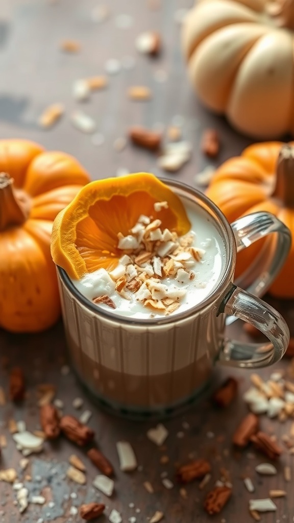 A cozy cup of Coconut Cream Pumpkin Brew topped with coconut flakes and a slice of dried orange, surrounded by pumpkins.