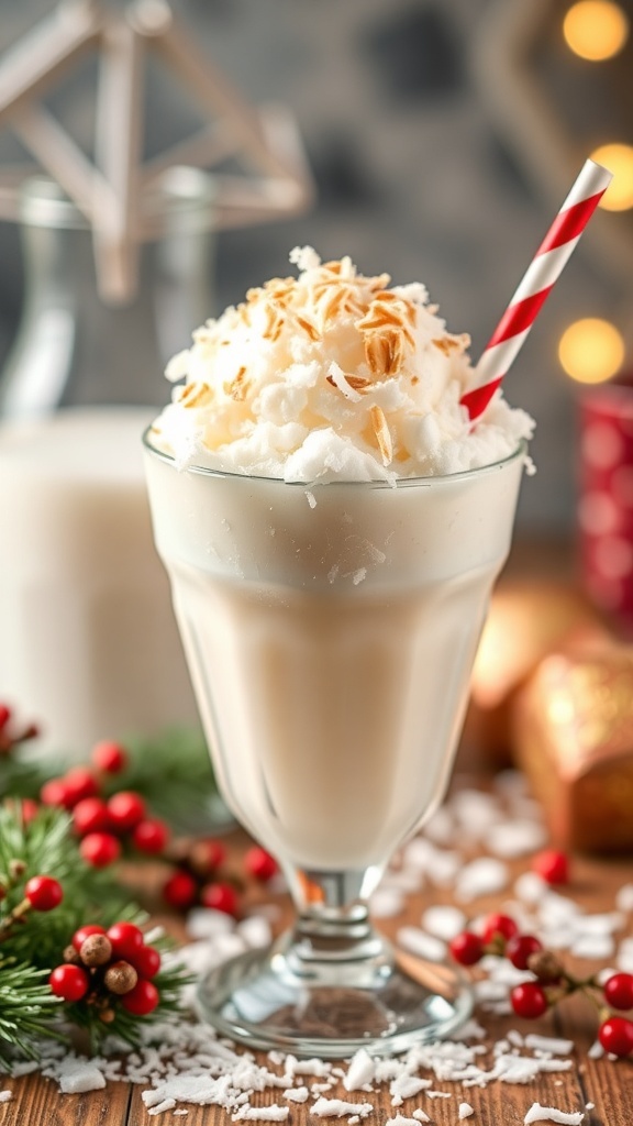 A festive Coconut Cream Snowball mocktail topped with whipped cream and toasted coconut flakes, set against a holiday backdrop.