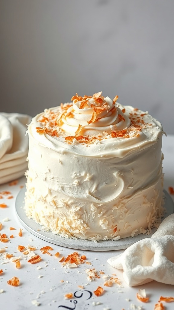 A beautifully decorated Coconut Cream Thanksgiving Cake topped with coconut flakes.