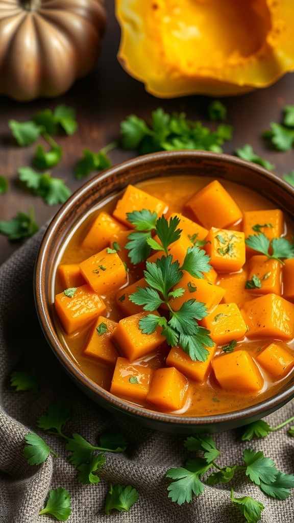 A bowl of Coconut Curry Butternut Squash with fresh cilantro on top