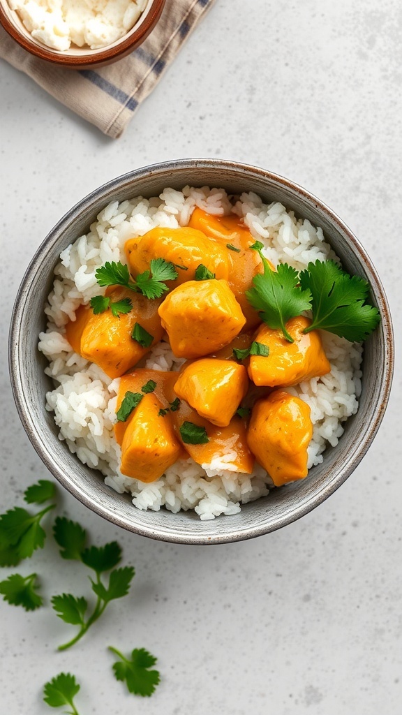 A bowl of Coconut Curry Chicken served over white rice, garnished with cilantro.