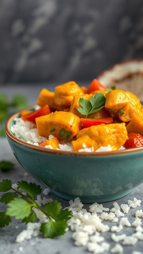 A bowl of coconut curry chicken served over rice with colorful vegetables and garnished with cilantro.
