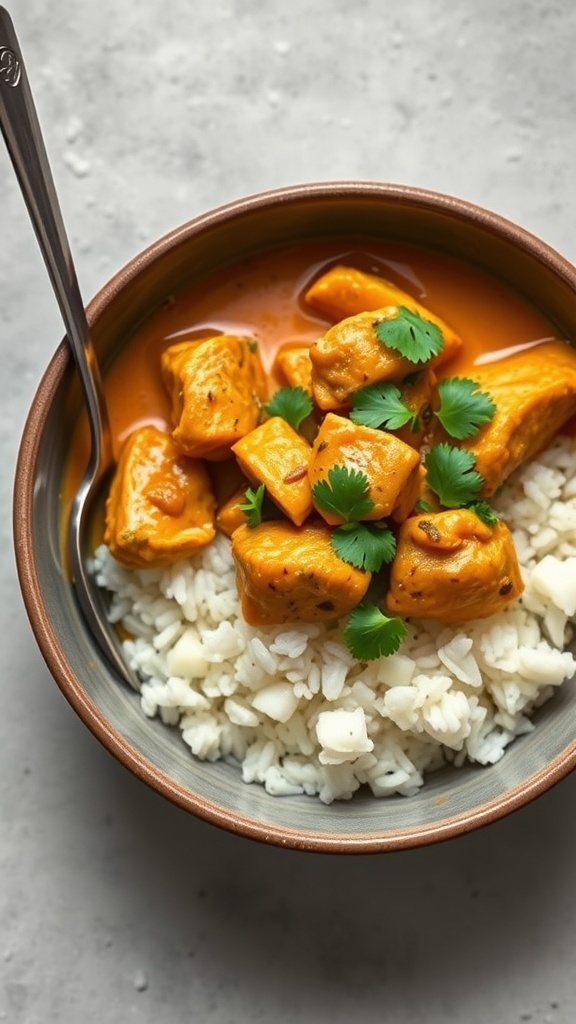 A bowl of coconut curry chicken served over rice, garnished with cilantro.