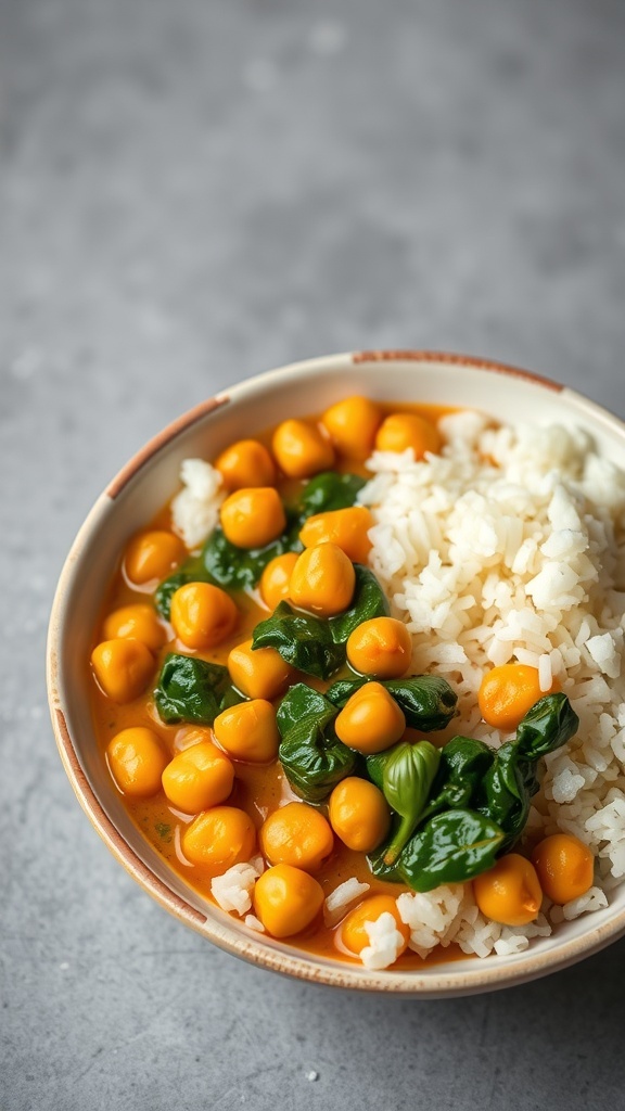 A bowl of coconut curry chickpeas with rice and spinach.