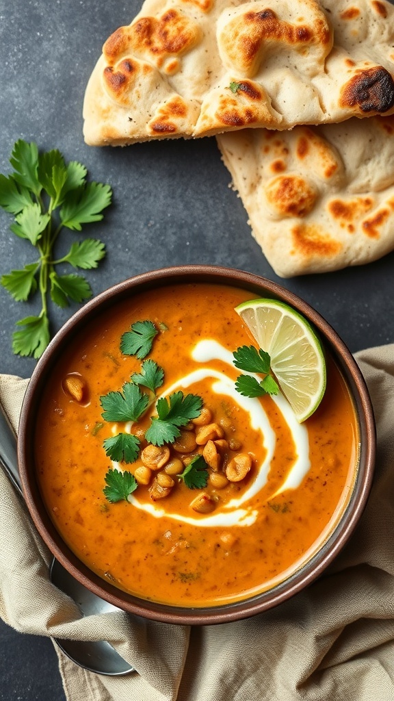 A bowl of Coconut Curry Lentil Soup garnished with cilantro, lime, and served with naan bread.