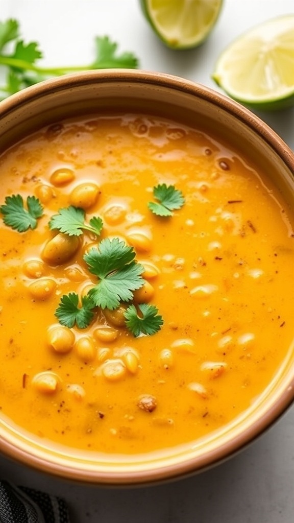 A bowl of Coconut Curry Lentil Soup topped with cilantro, surrounded by lime halves.