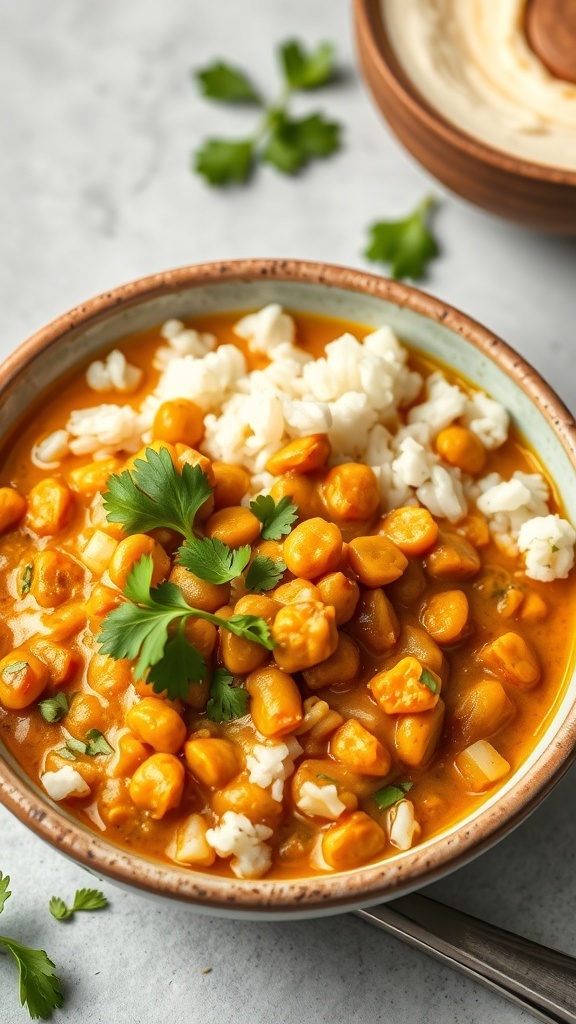 A bowl of Coconut Curry Lentils with rice and cilantro on top.
