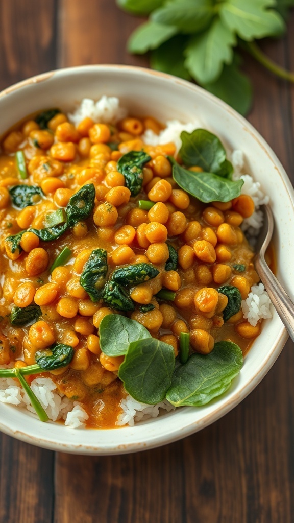A bowl of Coconut Curry Lentils with Spinach served over rice, garnished with fresh spinach leaves.
