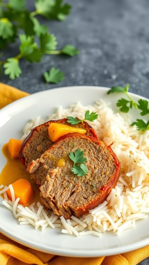 A slice of coconut curry meatloaf served with rice and mango chunks, garnished with cilantro.