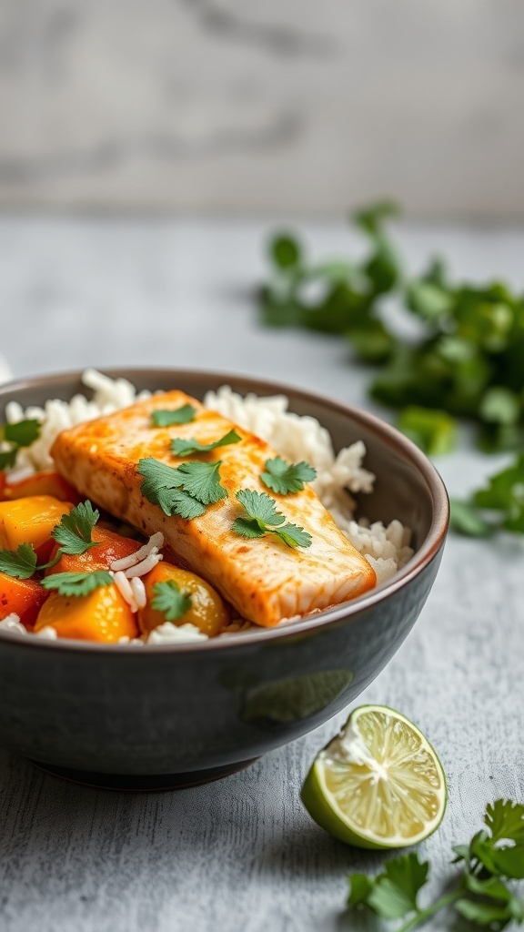 A bowl of coconut curry salmon served with rice and vegetables, garnished with cilantro and lime.