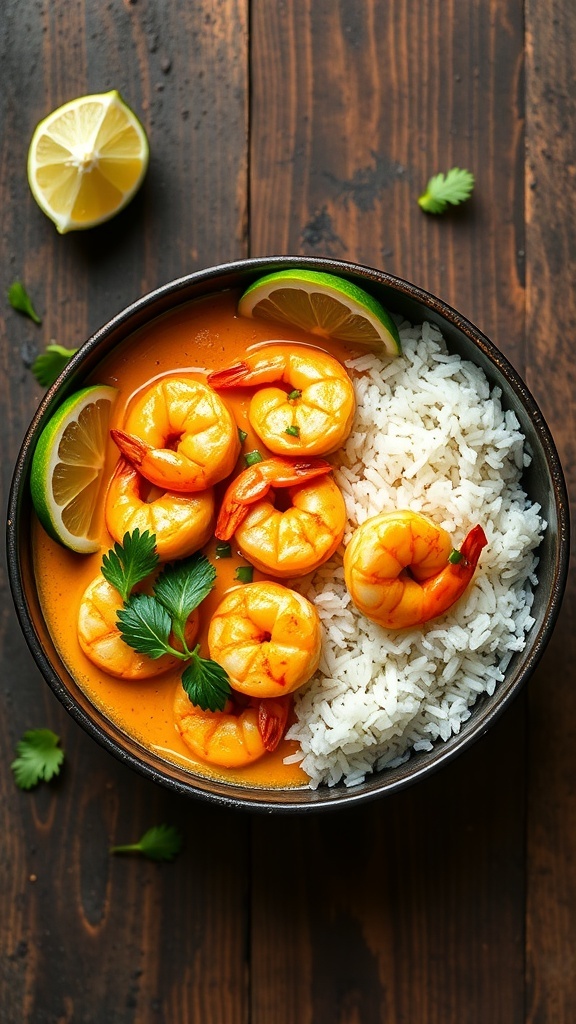A bowl of Coconut Curry Shrimp with rice, garnished with lime and cilantro.