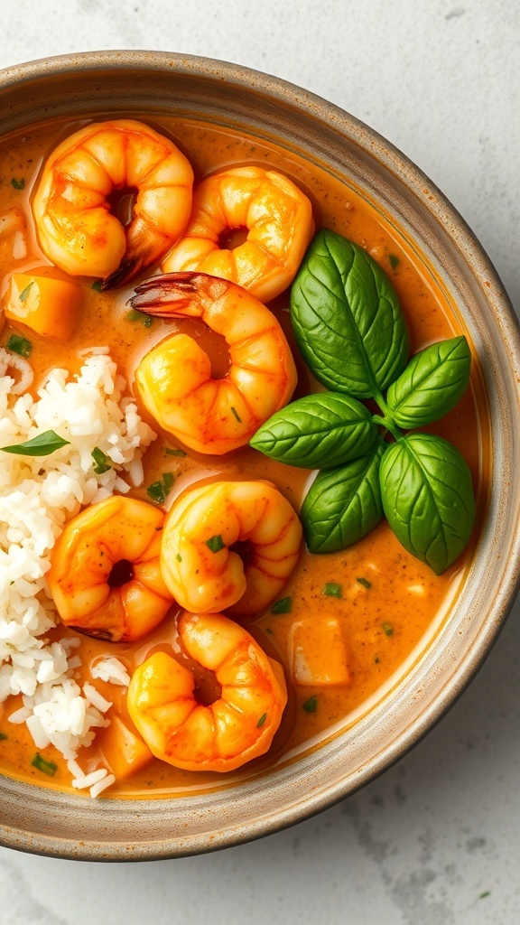 A bowl of coconut curry shrimp with rice and basil leaves.