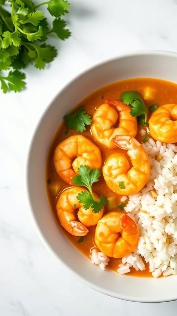 A bowl of coconut curry shrimp with rice and cilantro