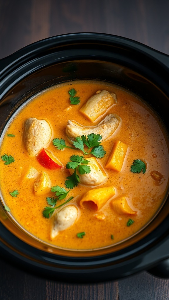 A bowl of coconut curry soup in a crock pot with chicken, bell peppers, and cilantro.