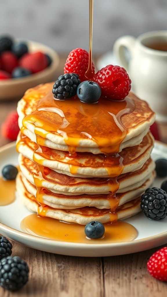 A stack of coconut flour pancakes topped with syrup and fresh berries