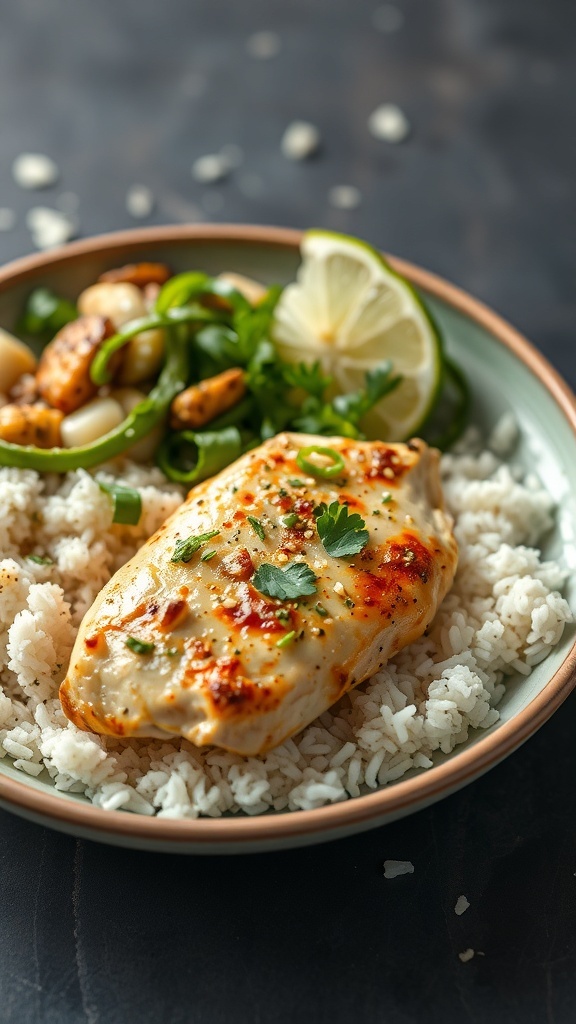 A plate of Coconut Lime Chicken served with rice and garnished with lime and herbs.