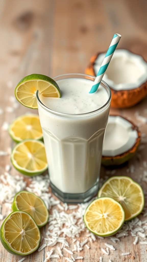 A refreshing coconut lime smoothie in a glass, garnished with lime slices and surrounded by coconut and lime halves.