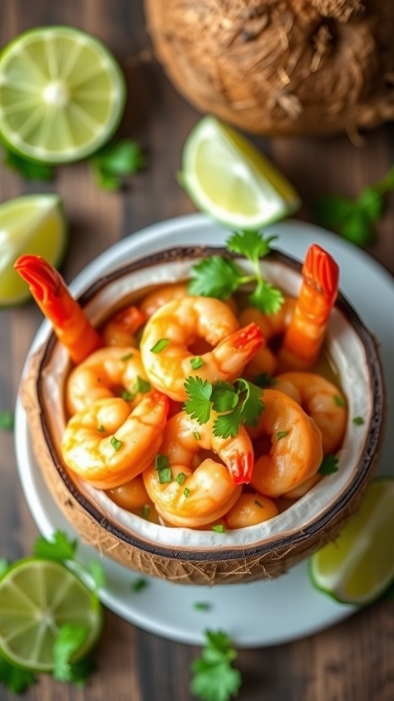 A bowl of shrimp garnished with lime and cilantro