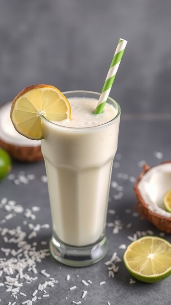 A tall glass of Coconut Lime Smoothie with a slice of lemon and a green straw, surrounded by lime halves and shredded coconut.