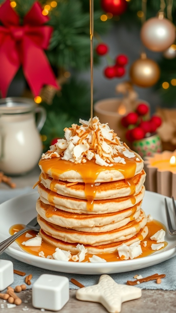 A stack of coconut macaroon pancakes topped with syrup and shredded coconut, set against a festive Christmas background.