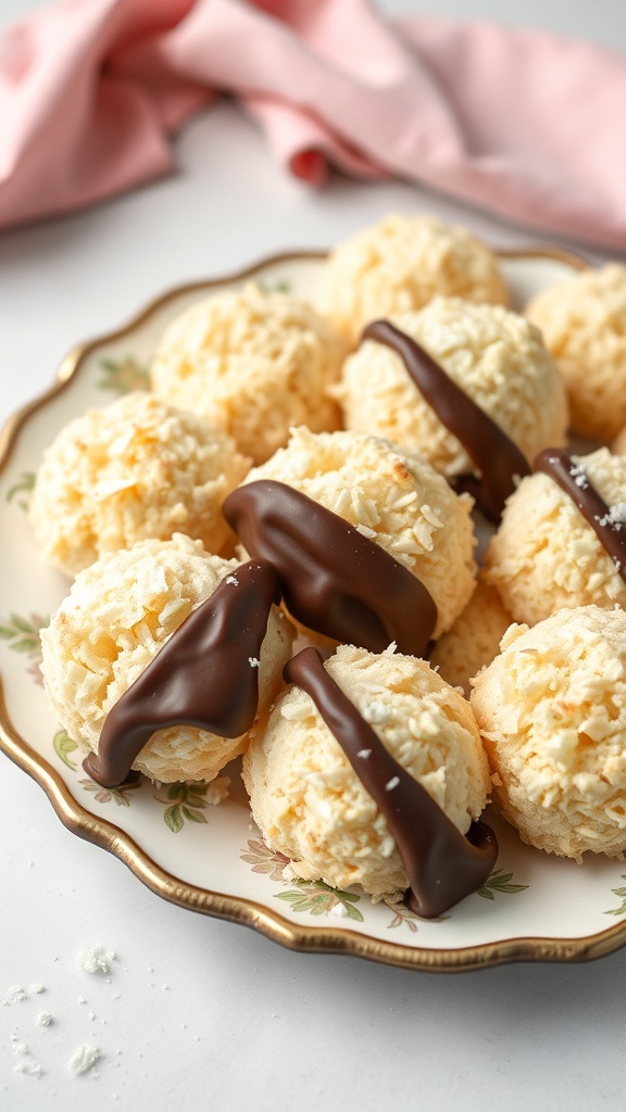 A plate of coconut macaroons dipped in chocolate, showcasing their chewy texture and glossy finish.