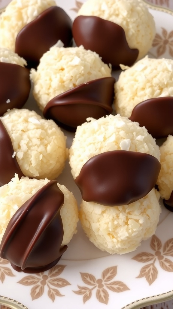 Coconut macaroons dipped in chocolate on a decorative plate