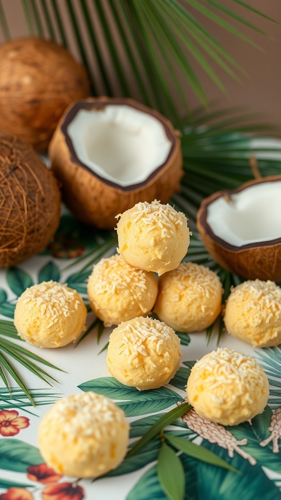 A display of coconut macaroons with whole coconuts and tropical leaves.