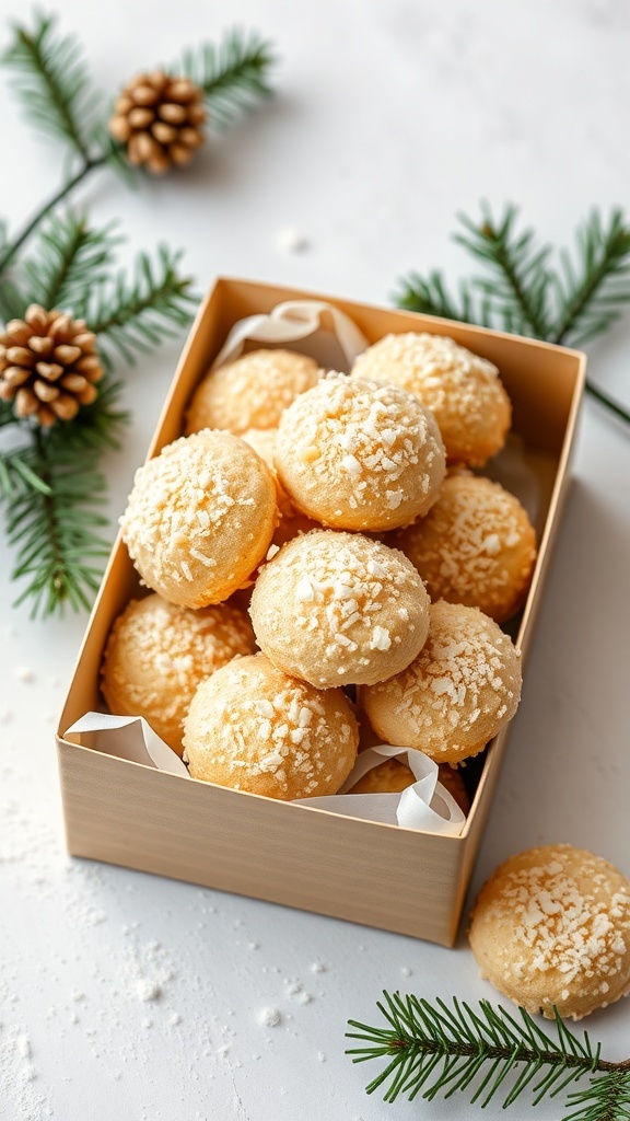 A box filled with coconut macaroons, decorated with pine branches and pine cones.