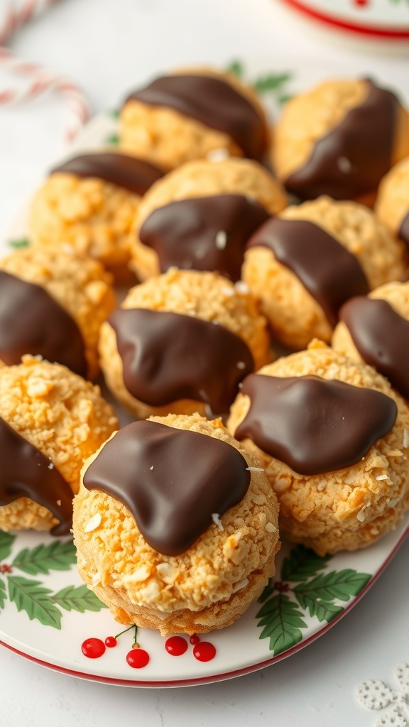 A plate of coconut macaroons topped with chocolate, decorated for Christmas.