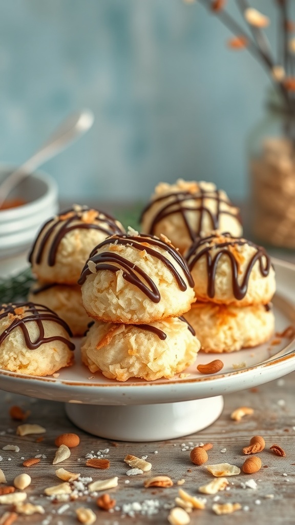 A plate of coconut macaroons drizzled with chocolate, surrounded by nuts.