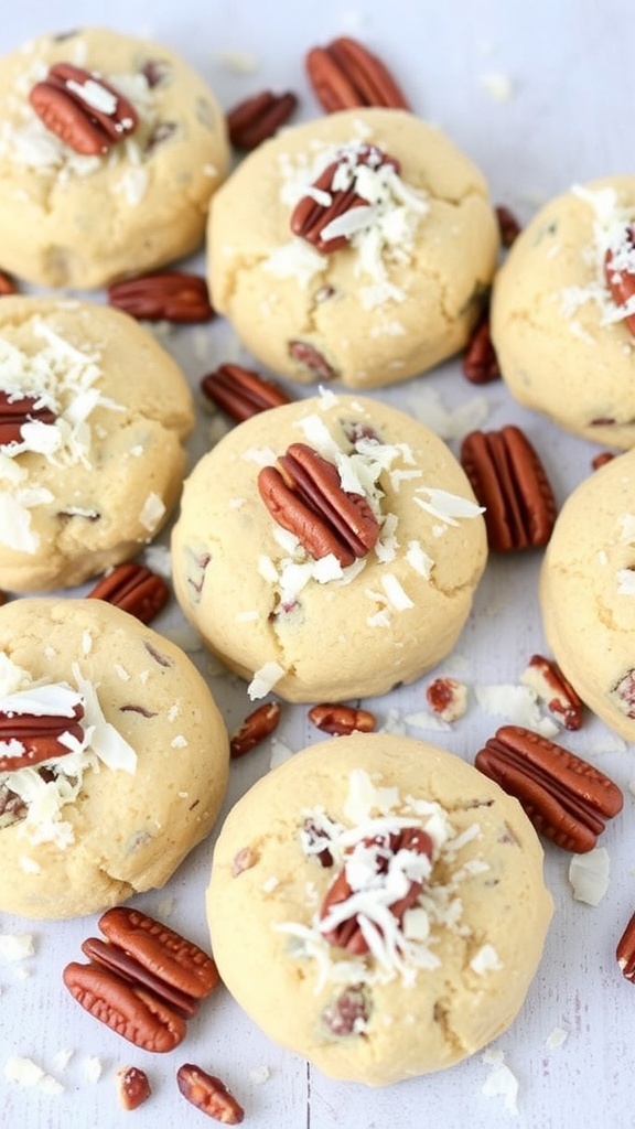 Coconut pecan cookies with coconut flakes and pecans on a dark surface