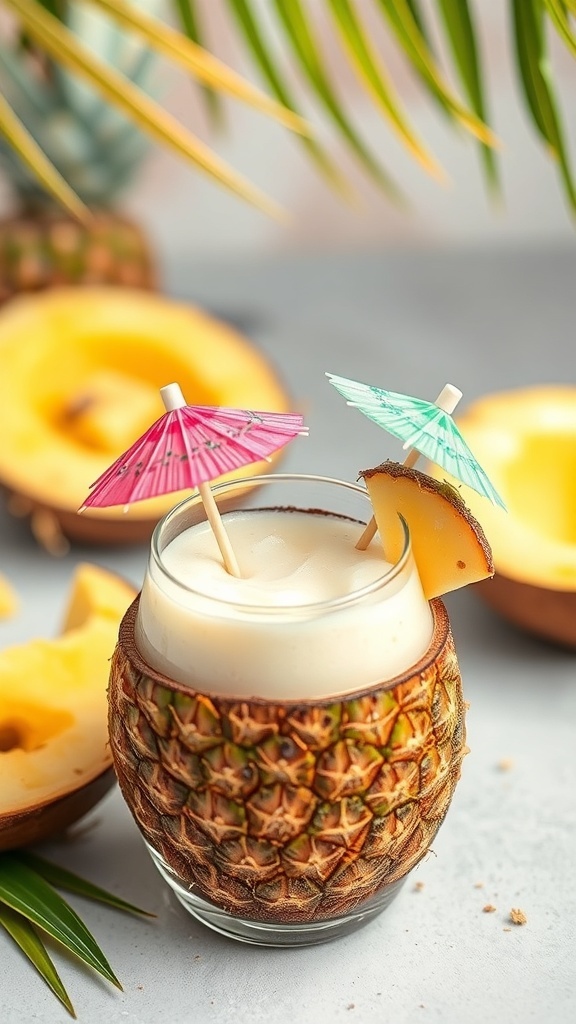 A refreshing coconut pineapple smoothie served in a pineapple cup, garnished with colorful umbrellas.
