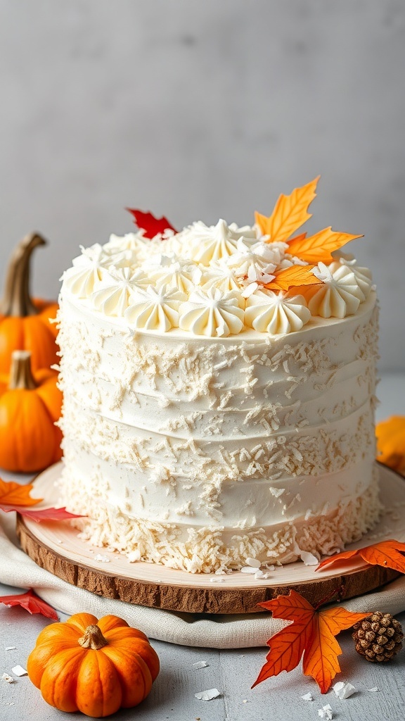 A beautifully layered Coconut Pumpkin Cake decorated with coconut flakes and autumn leaves, surrounded by small pumpkins.