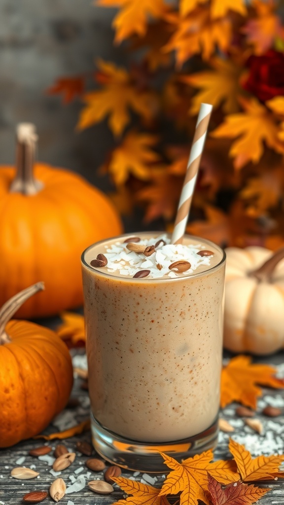 A creamy coconut pumpkin smoothie topped with coconut flakes and pumpkin seeds, surrounded by autumn leaves and pumpkins.
