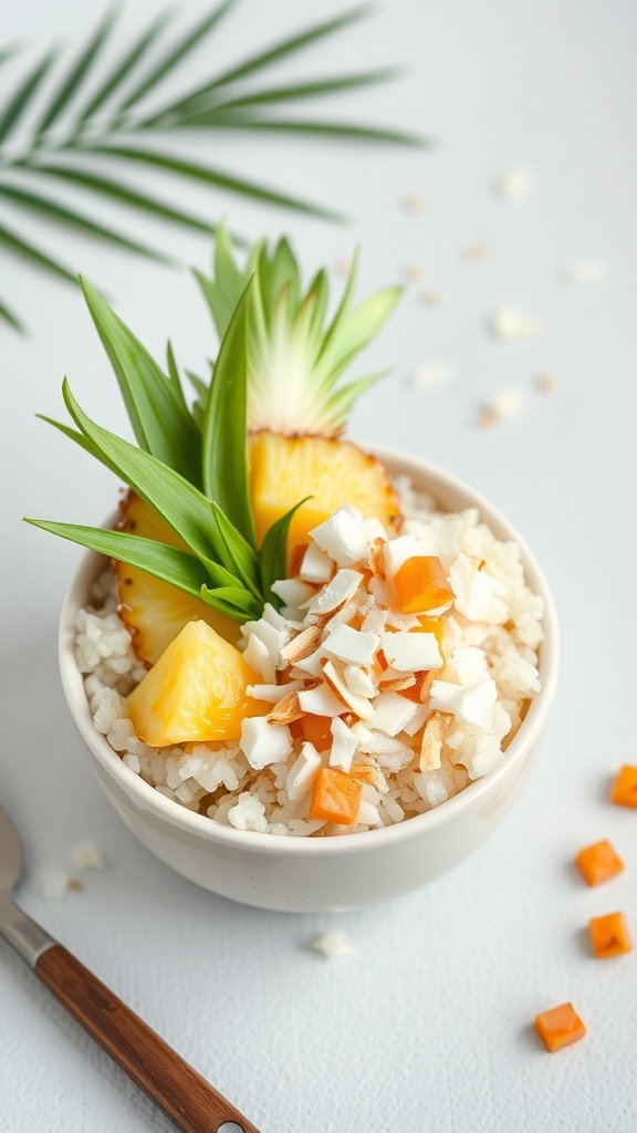 A coconut rice bowl topped with pineapple, mango, and toasted coconut, garnished with mint leaves.