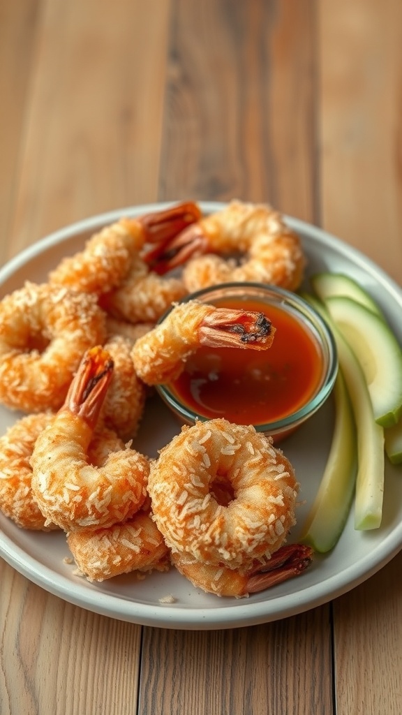 A plate of coconut shrimp with a dipping sauce and cucumber slices