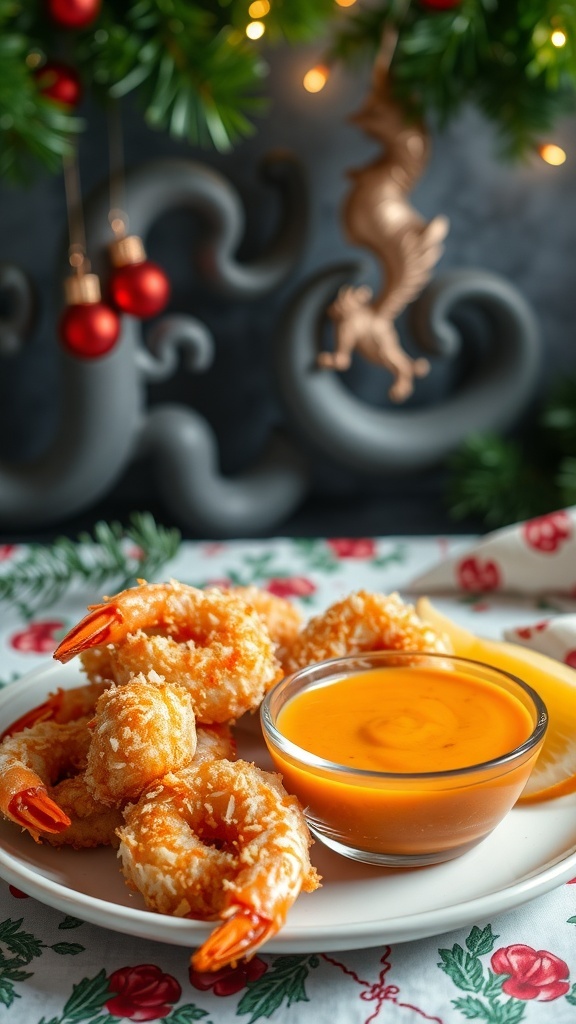 Coconut shrimp served with mango sauce on a festive table