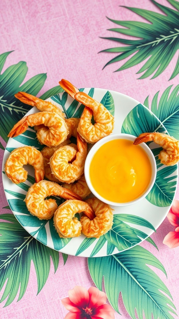 A plate of crispy coconut shrimp served with mango sauce on a tropical-themed background.