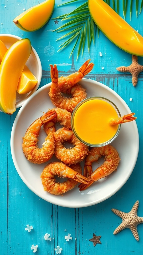 Coconut shrimp served with mango sauce and fresh mango slices