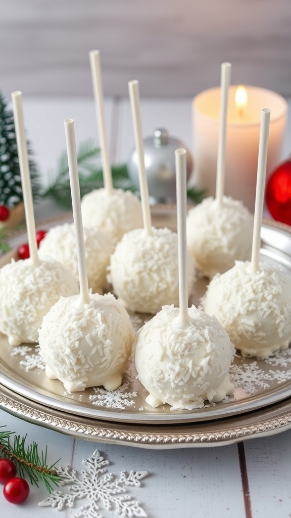 A plate of Coconut Snowball Cake Pops decorated with shredded coconut, set against a festive background.