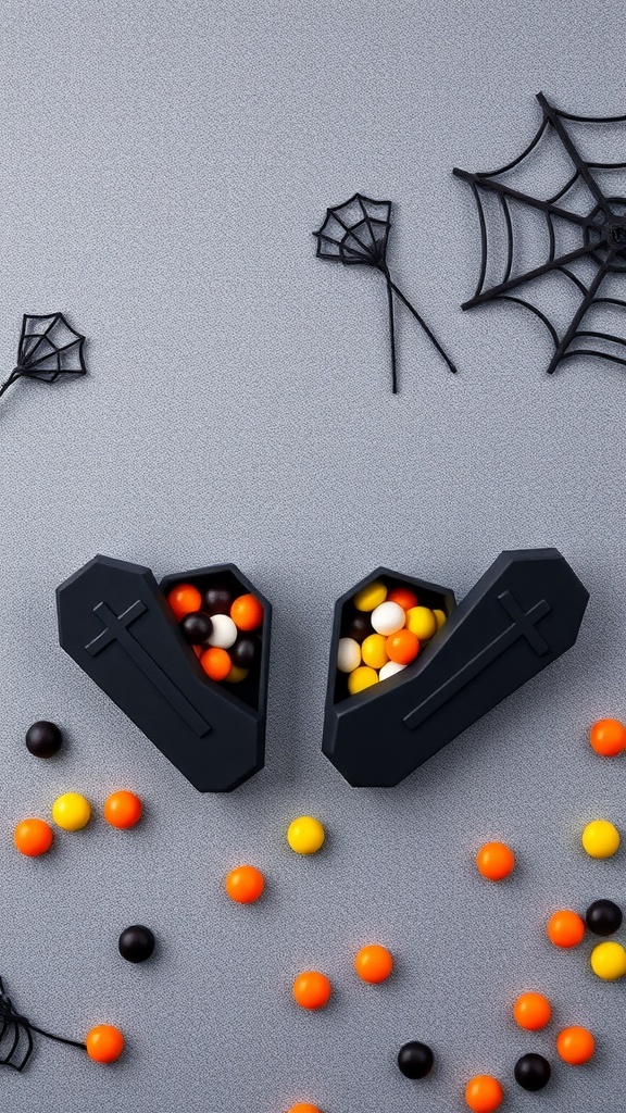 Coffin-shaped treat boxes filled with colorful candies, surrounded by spider web decorations.