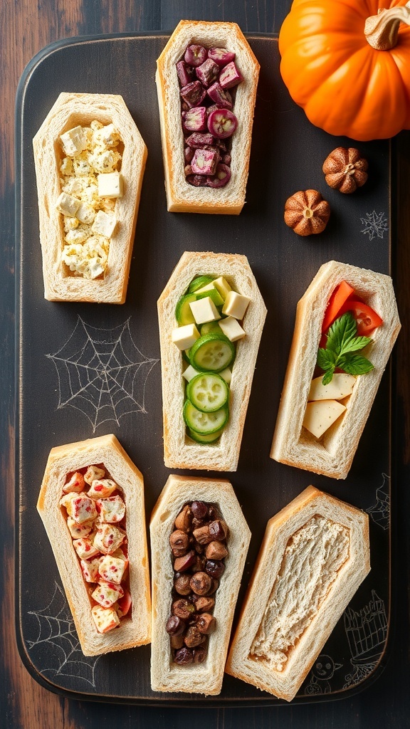 A platter of coffin-shaped sandwiches filled with various ingredients, perfect for Halloween.
