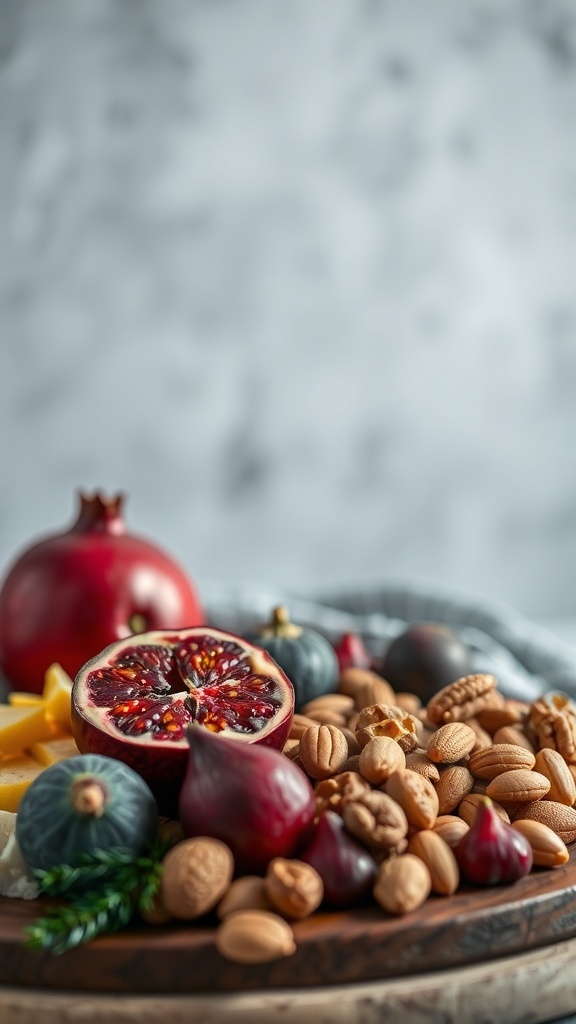 A colorful charcuterie board featuring pomegranates, figs, almonds, and walnuts.