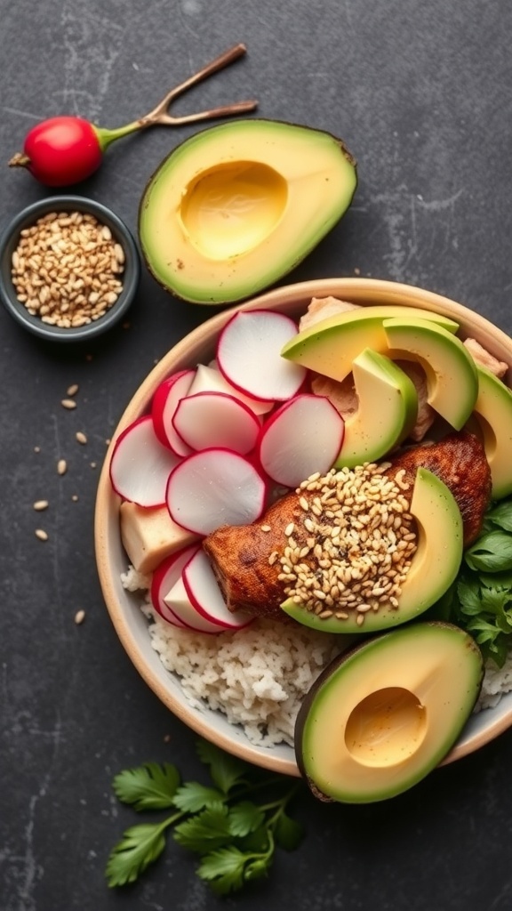 A colorful Bang Bang Chicken Bowl with avocado, radishes, chicken, sesame seeds, and cilantro.
