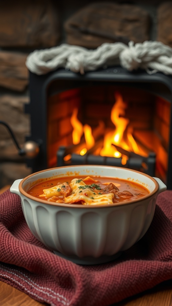 A bowl of lasagna soup with melted cheese, placed on a table near a cozy fireplace.