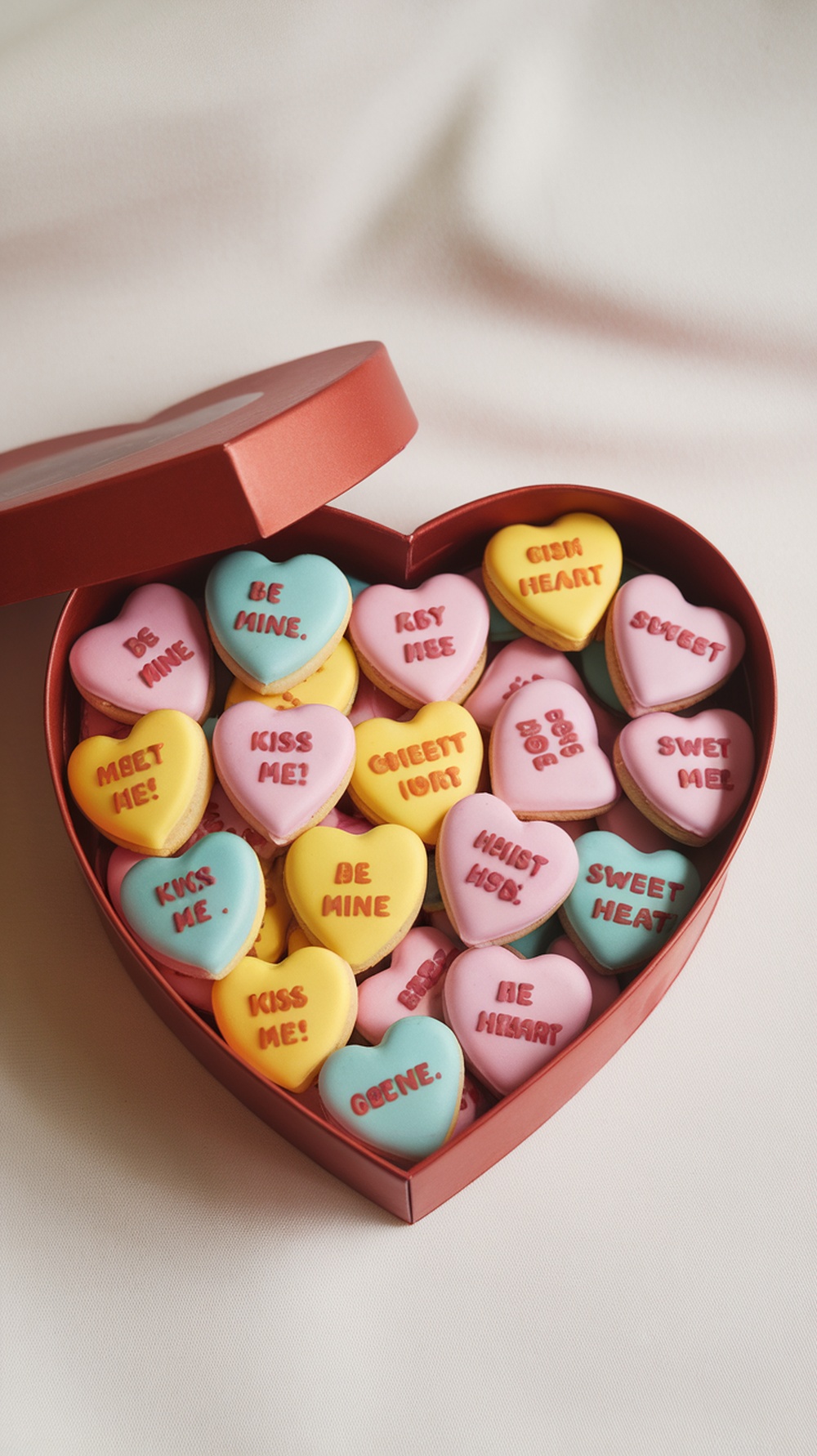 Colorful conversation heart cookies with sweet messages