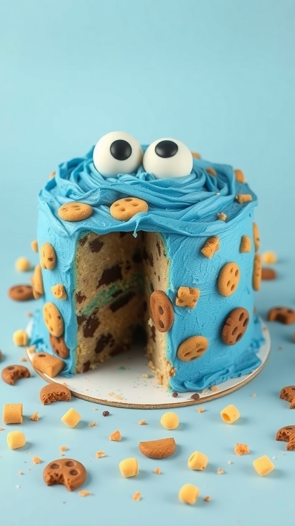 A colorful Cookie Monster cake with blue frosting, decorated with cookie pieces and two large eyes, showcasing a slice revealing chocolate chip layers.