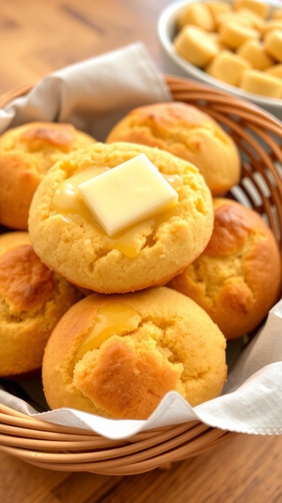 A basket of cornbread muffins with a pat of butter on top